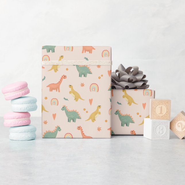 Mädchen Niedlich Pink Floral Dinosaurier Kindergeb Geschenkpapier (Babyparty)
