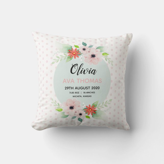 Mädchen Niedlich Pink Floral Geburtsstaten Kinderz Kissen (Vorderseite)