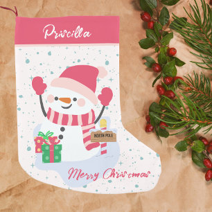 Mädchen Niedlich Pink Happy Snowman Northpole Kleiner Weihnachtsstrumpf