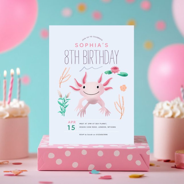 Mädchen Niedlich Pink Kawaii Axolotl 8. Geburtstag Einladung (Von Creator hochgeladen)