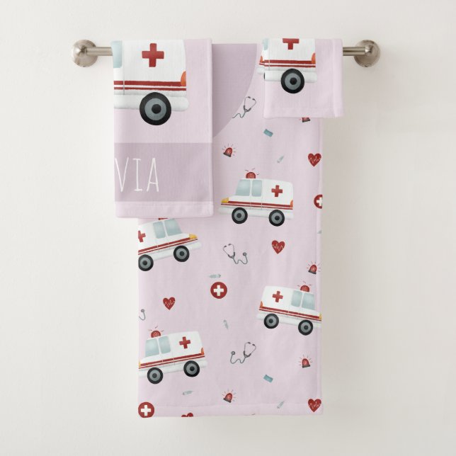 Mädchen Niedlich Pink Paramedic Ambulance Muster K Badhandtuch Set (Insitu)