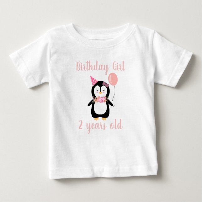 Mädchen Niedlich Pink Pinguin Geburtsname & Alter Baby T-shirt (Vorderseite)