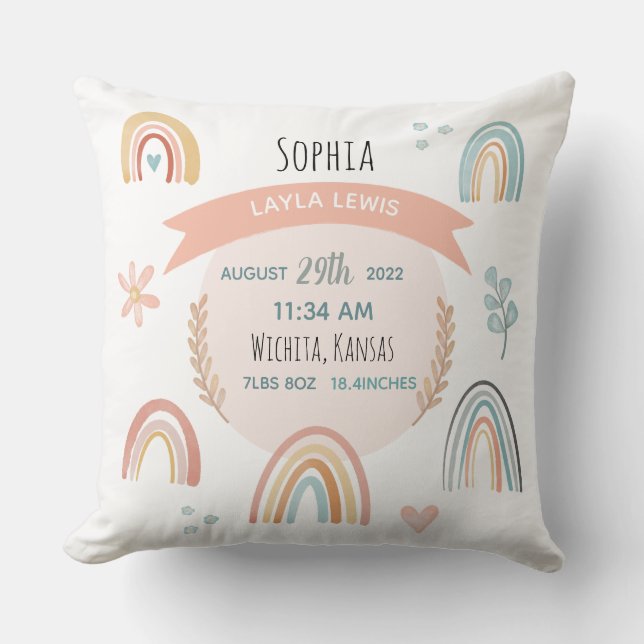 Mädchen Niedlich Pink Rainbow Birth Stats Baby Kin Kissen (Vorderseite)