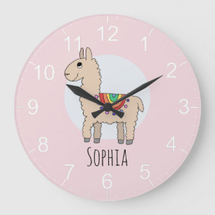Mädchen Niedlich Pink Rainbow Llama und Namenskin Große Wanduhr