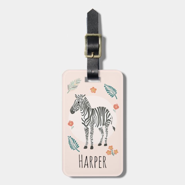 Mädchen Niedlich Pink Safari Zebra Cartoon und Nam Gepäckanhänger (Vorderseite vertikal)