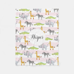 Mädchen Niedlich Pink Striped Safari Tiere Name K Fleecedecke