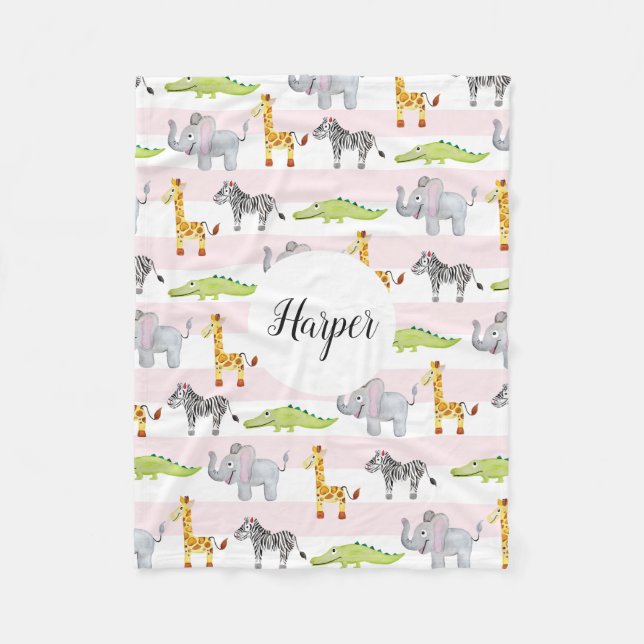 Mädchen Niedlich Pink Striped Safari Tiere Name Ki Fleecedecke (Vorderseite)