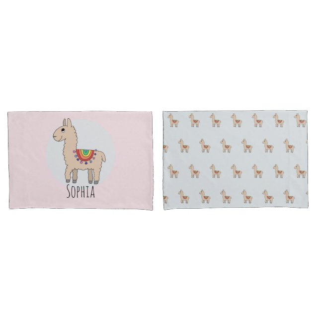 Mädchen Niedlich Rainbow Llama Cartoon und Name Ki Kissenbezug (Vorderseite-Set)