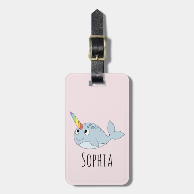 Mädchen Niedlich Rainbow Narwhal Cartoon und Name  Gepäckanhänger (Vorderseite vertikal)
