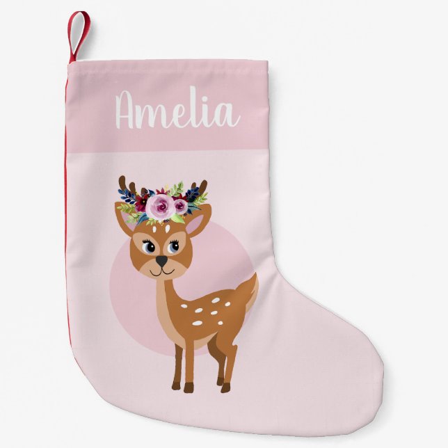 Mädchen Niedlich rosa Blumenwild Hirsche und Kinde Kleiner Weihnachtsstrumpf (Vorderseite)