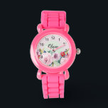 Mädchen Niedlich rosa botanische Blume und Name Ki Armbanduhr<br><div class="desc">Dieses niedliche und mädchenhafte Kinderdesign zeichnet sich durch niedliche,  rosa Aquarellfarben und klare Blume aus und bietet Platz,  um Ihren Mädchennamen in einem eleganten Schriftart zu schreiben. Das perfekte Vintage botanische Geschenk für Ihre Kleinen.</div>