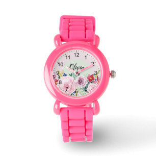 Mädchen Niedlich rosa botanische Blume und Namens Armbanduhr