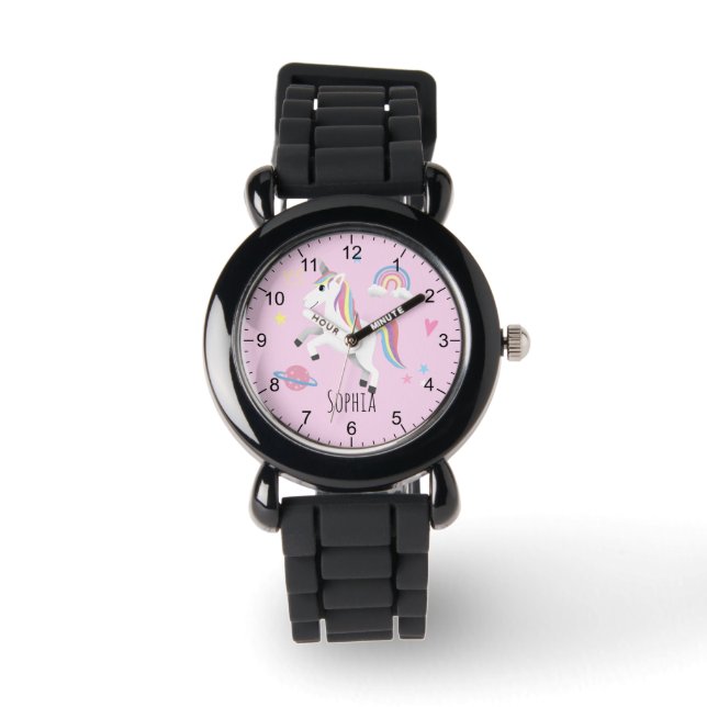 Mädchen Niedlich rosa Einhorn Regenbogen & Name Ki Armbanduhr (Vorderseite)