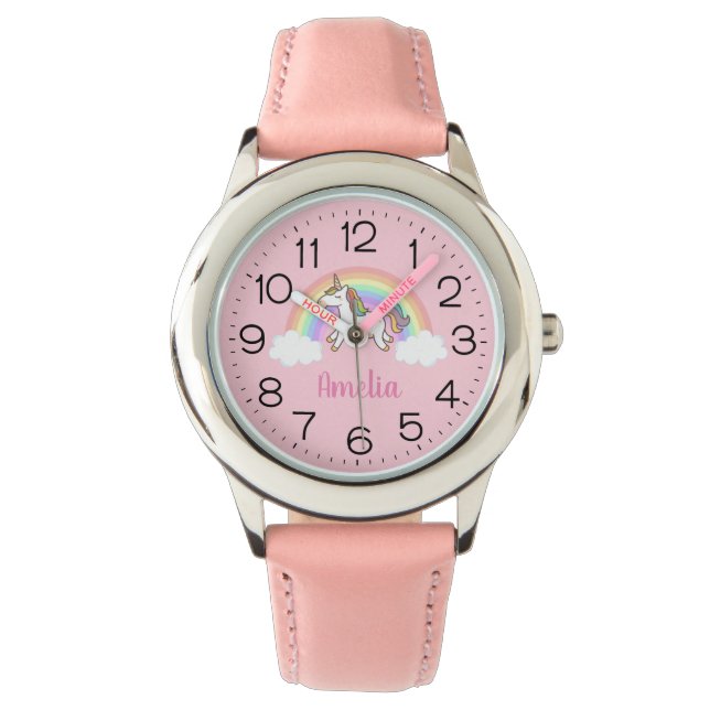 Mädchen Niedlich Rosa Einhorn Regenbogen Personali Armbanduhr (Vorderseite)