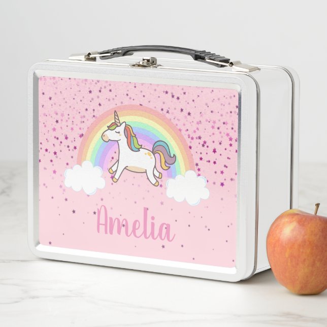 Mädchen Niedlich Rosa Einhorn Regenbogen Personali Metall Brotdose (Beispiel)