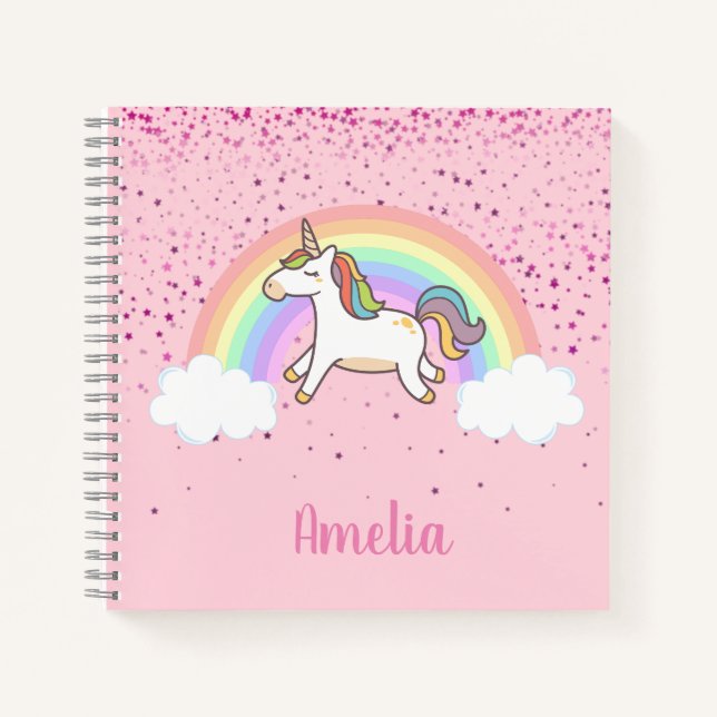 Mädchen Niedlich Rosa Einhorn Regenbogen Personali Notizbuch (Vorderseite)