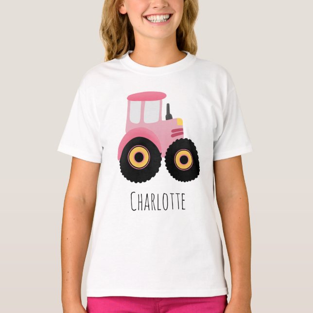 Mädchen Niedlich rosa Farm Traktor Cartoon T-Shirt (Vorderseite)
