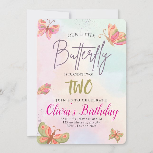 Mädchen Niedlich Rosa Lila Butterfly Kinder am 2.  Einladung (Vorderseite)