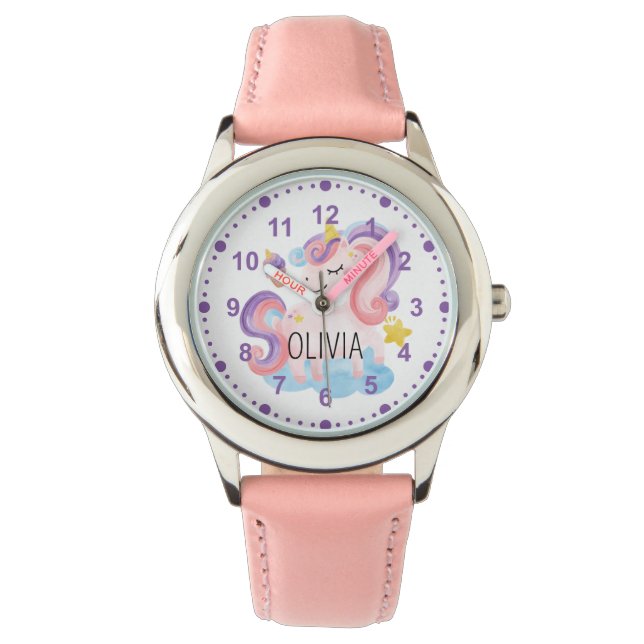 Mädchen Niedlich Rosa Lila Einhorn Individuelle Na Armbanduhr (Vorderseite)