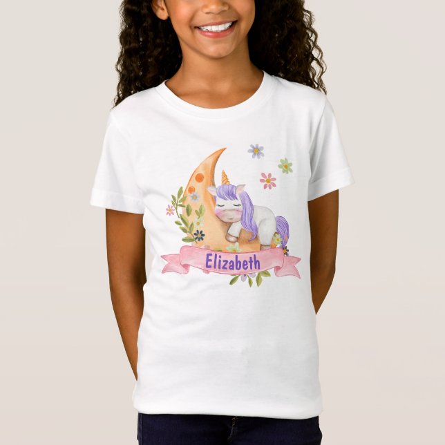 Mädchen Niedlich Unicorn Blume Personalisierter Na T-Shirt (Vorderseite)
