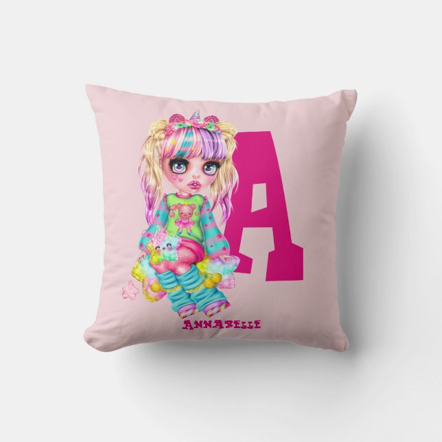 Mädchen Niedlich Unicorn Personalisiert Monogramm Kissen (Vorderseite)