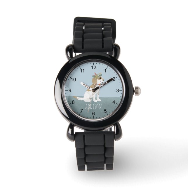 Mädchen Niedlich Welpen und Blume Kinder Armbanduhr (Vorderseite)