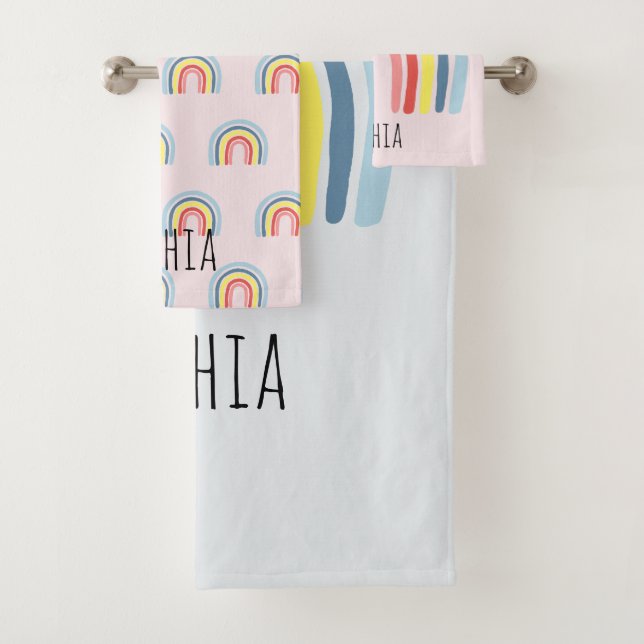 Mädchen Niedlich Whimsical Rainbow Cartoon Name Ki Badhandtuch Set (Insitu)