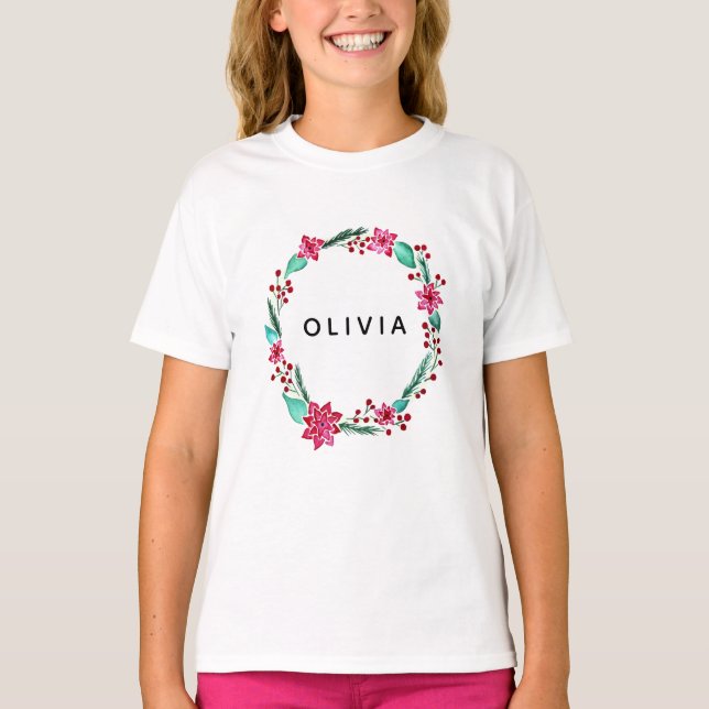 Mädchen Niedliche Aquarellfarbe Blume Kranz und Na T-Shirt (Vorderseite)