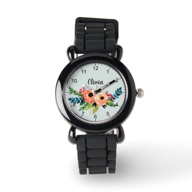 Mädchen Niedliche Aquarellfarben Blume und Name Armbanduhr (Vorderseite)
