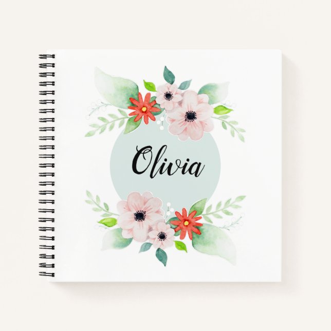Mädchen Niedliche Aquarellfarben Blume und Name Notizbuch (Vorderseite)