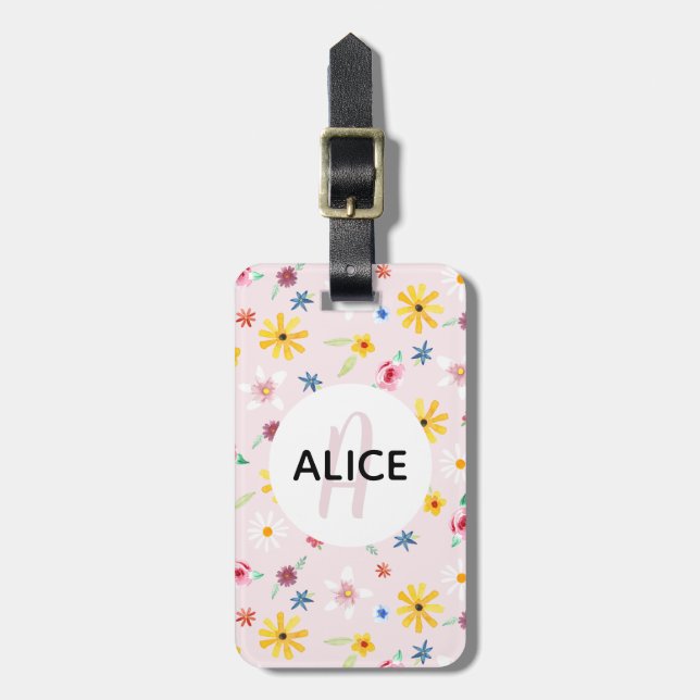 Mädchen Niedliche Blume Muster Monogramm Name Kind Gepäckanhänger (Vorderseite vertikal)