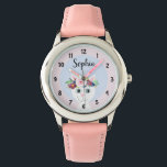 Mädchen Niedliche Blumenkatze Cartoon und Name Kin Armbanduhr<br><div class="desc">Diese niedliche und mädchenhafte Kinderuhr zeigt eine hübsche,  handgemalte Katze mit einem Blume-Kranz. Dieses Blumendesign bietet Ihnen auch die Möglichkeit,  Ihren Mädchennamen hinzuzufügen. Ideal für die erste Armbanduhr eines Kindes!</div>