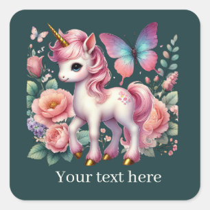 Mädchen niedliche Fantasie Einhorn fügen Text Quadratischer Aufkleber