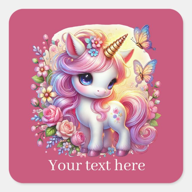 Mädchen niedliche Fantasie Einhorn fügen Text Quadratischer Aufkleber (Vorderseite)