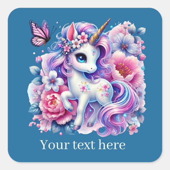 Mädchen niedliche Fantasie Einhorn fügen Text Quadratischer Aufkleber (Vorderseite)