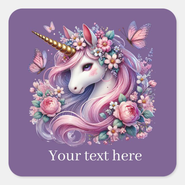 Mädchen niedliche Fantasie Einhorn fügen Text Quadratischer Aufkleber (Vorderseite)
