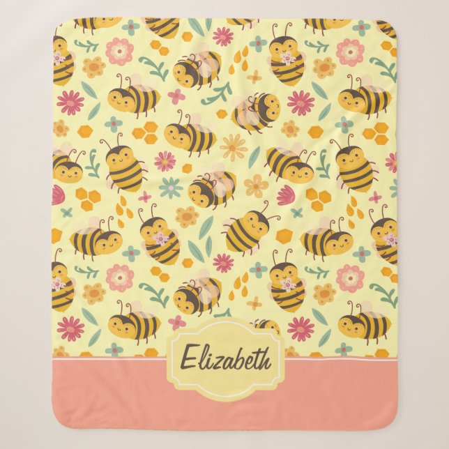 Mädchen Niedliche Hummelkugel Frühlingsblumenmuste Sherpadecke (Vorderseite)