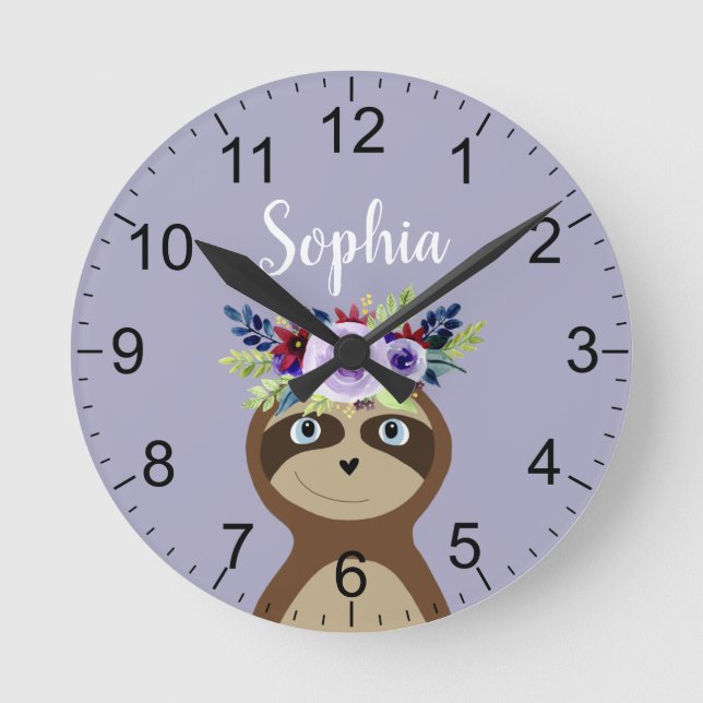 Mädchen Niedliche Lila Blume Faultier und Name Kin Runde Wanduhr (Vorderseite)