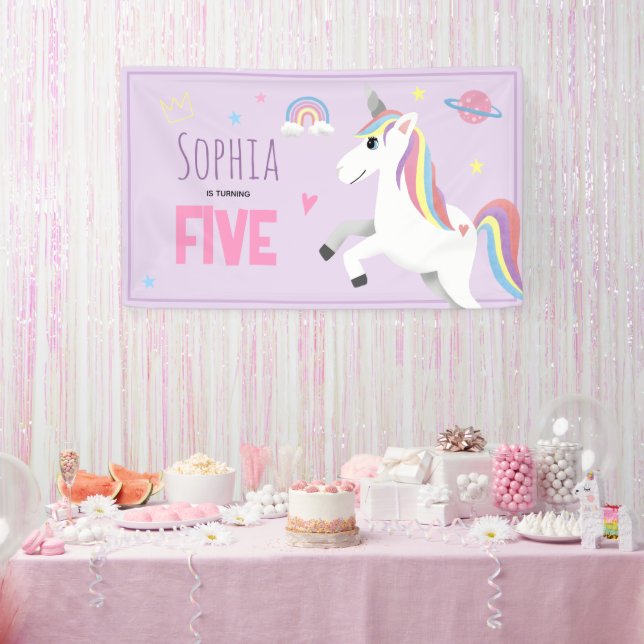 Mädchen Niedliche Lila Einhorn Kinder 5te Geburtst Banner (Party)