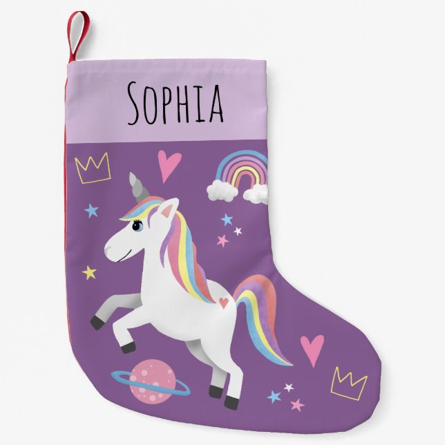 Mädchen Niedliche Lila Einhorn Regenbogen & Name K Kleiner Weihnachtsstrumpf (Vorderseite)