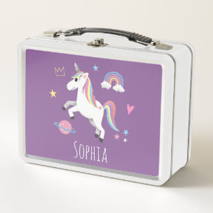 Mädchen Niedliche Lila Magische Einhorn & Name Ki Metall Brotdose