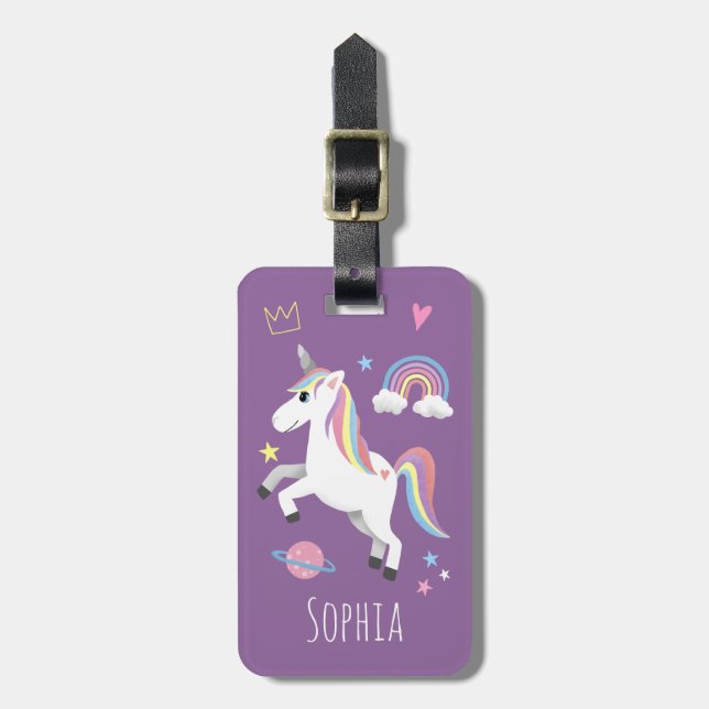Mädchen Niedliche Lila magische Einhorn & Name Kin Gepäckanhänger (Vorderseite vertikal)