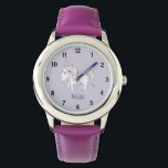 Mädchen Niedliche Lila magische Einhorn und Name K Armbanduhr<br><div class="desc">Dieses niedliche und skurrile Design ist Teil einer Kollektion mit niedlichem Doodle für Mädchenbekleidung, Accessoires und Kinderzimmer. Dieses Design verfügt über ein handgezeichnetes Doodle Pastellfarben Einhorn auf einem lila Hintergrund und kann mit dem Namen Ihres Mädchens personalisiert werden. Ideal für die erste Armbanduhr deines kleinen Mädchens!</div>