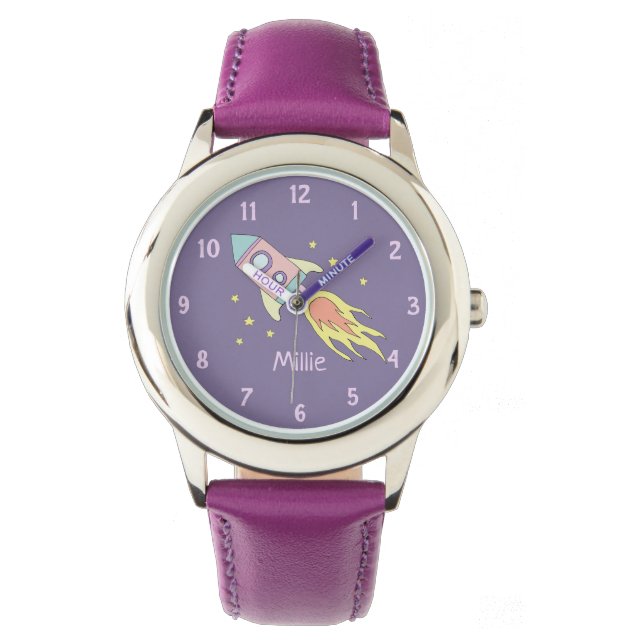 Mädchen Niedliche Lila Raketenschiff Platz und Nam Armbanduhr (Vorderseite)
