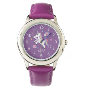 Mädchen Niedliche Lila Unicorn Regenbogen & Name  Armbanduhr
