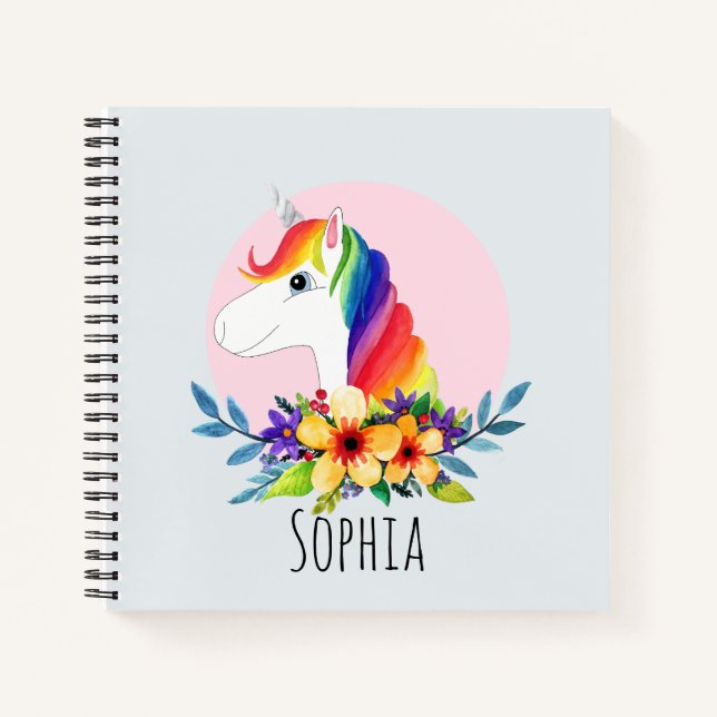 Mädchen Niedliche Wasserfarbe Regenbogen Einhorn & Notizbuch (Vorderseite)