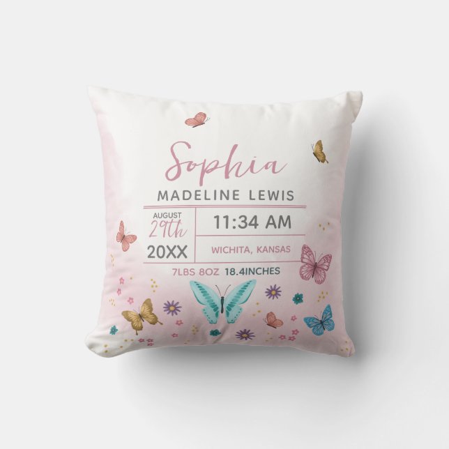 Mädchen Niedliche Whimsical Pink Butterfly Geburts Kissen (Vorderseite)