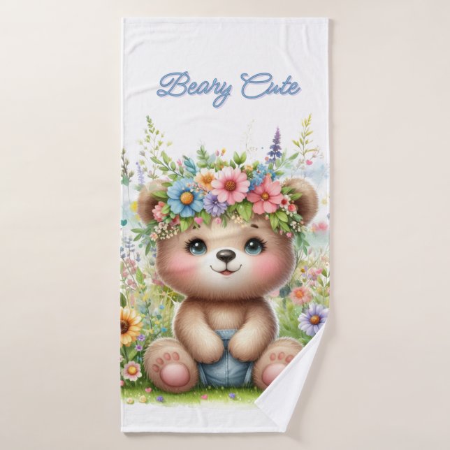 Mädchen Niedlicher Bär mit rosa Blumen Badehandtuc Badehandtuch (Badehandtuch)