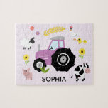 Mädchen Niedlicher Lila Bauernhof Traktor und Name<br><div class="desc">Dieses niedliche und moderne Kinderpuzzle verfügt über ein Bauernmotiv mit einem lila Traktor, Kuh, Schwein, Schafe, Hühner und Blume und kann mit Ihrem Mädchennamen personalisiert werden. Das perfekte pinkfarbene Ackerbaugeschenk für Ihr Cartoon auf dem Bauernhof!</div>