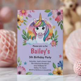 Mädchen Niedlicher Lila Einhorn-Kindergeburtstag Einladung